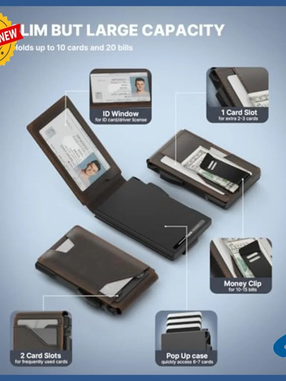 Slim RFID Blocking Wallet with Pop-Up Card Holder and Money Clip